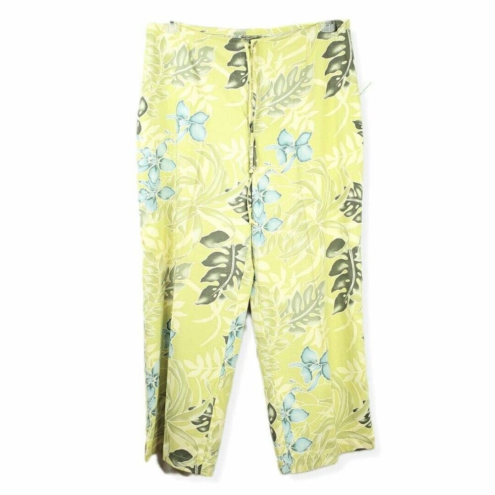 90s Y2K Women Tommy Bahama Silk Pants M Hawaiian Floral Tropical Crop Stretch